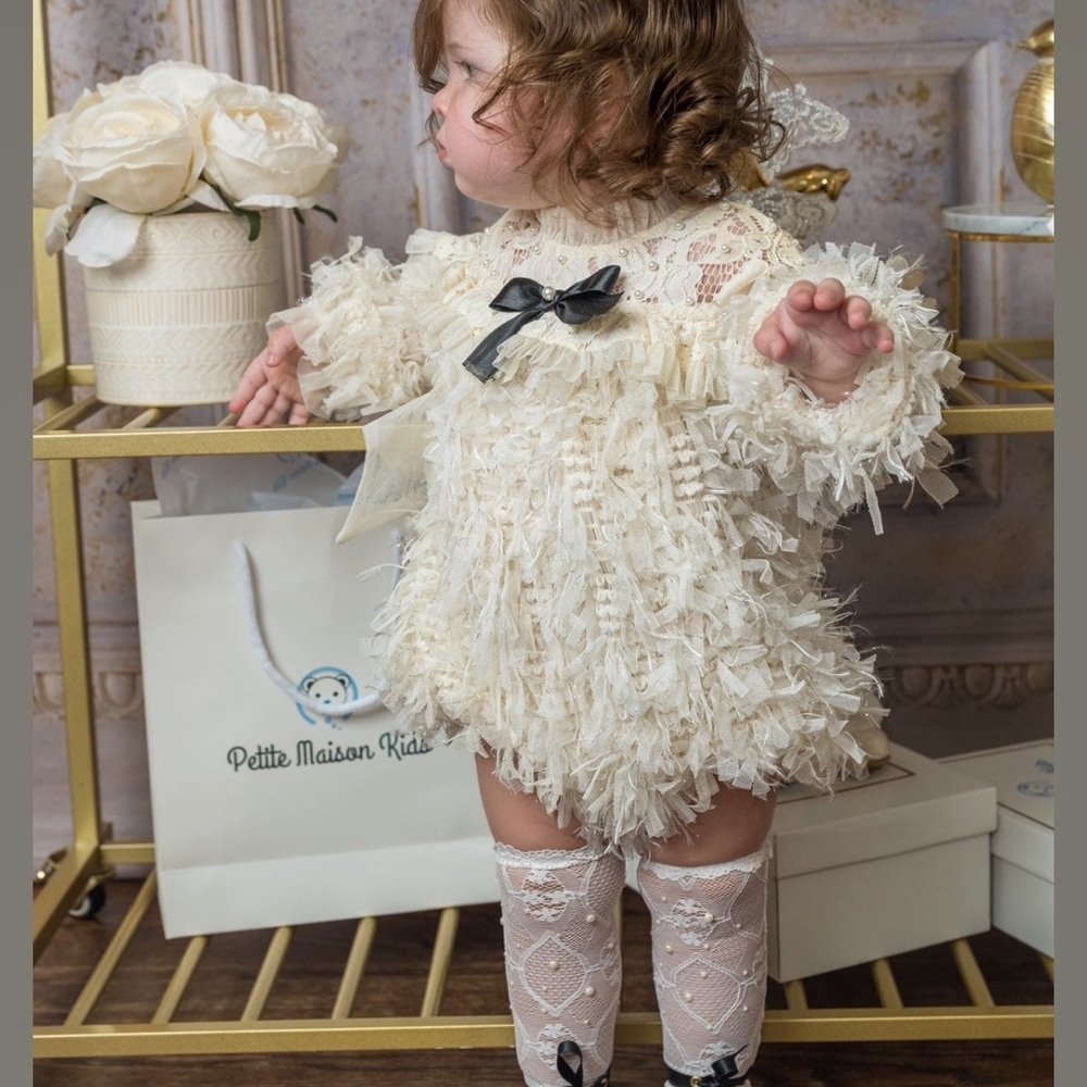 Petite Maison Kids Ivory Lace Ruffle Dress w/ Black Bow – Baby Girl